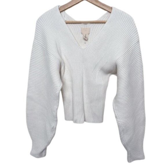 H&M Womens Medium Ribbed Knit Chunky Vneck Cream Sweater - Picture 1 of 13